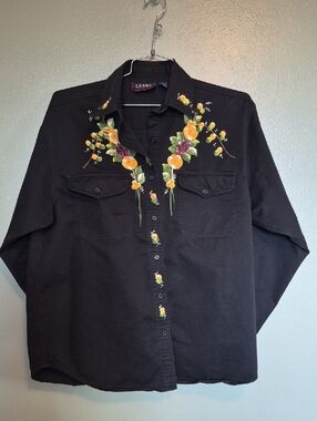 Hand Painted Floral Lasha Shirt Large Button Front Black
